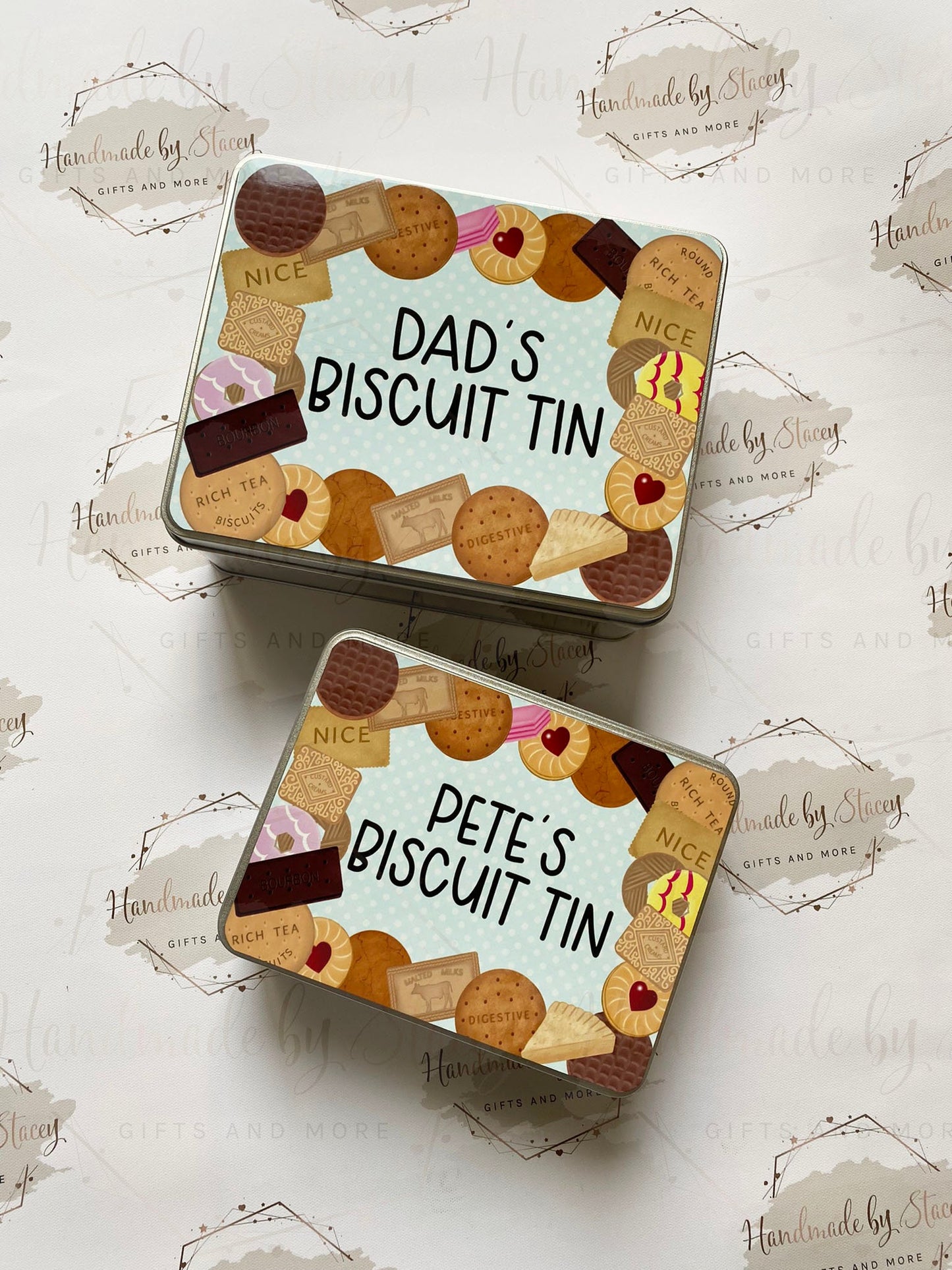 Personalised Novelty Metal Tin|Blue Pink Polka Dot Biscuit Box|Editable Text|Birthday Playgroup Christmas Father's Mother's Day Gift Idea