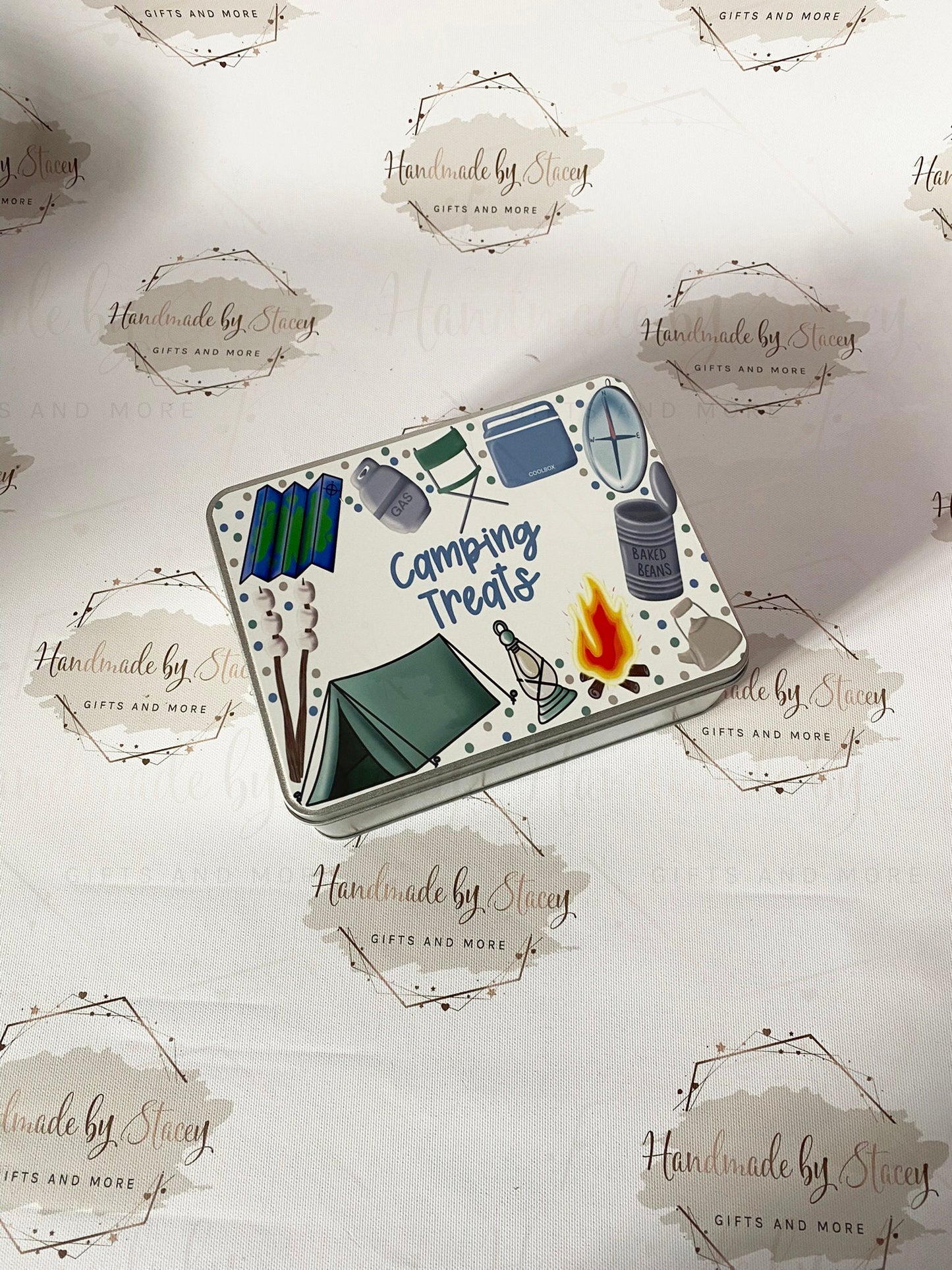 Personalised Novelty Metal Tin|Camping Design|Editable Text|Sweet Biscuit Self Care Box|Treat Idea for Caravan|Tent|Beavers Cups