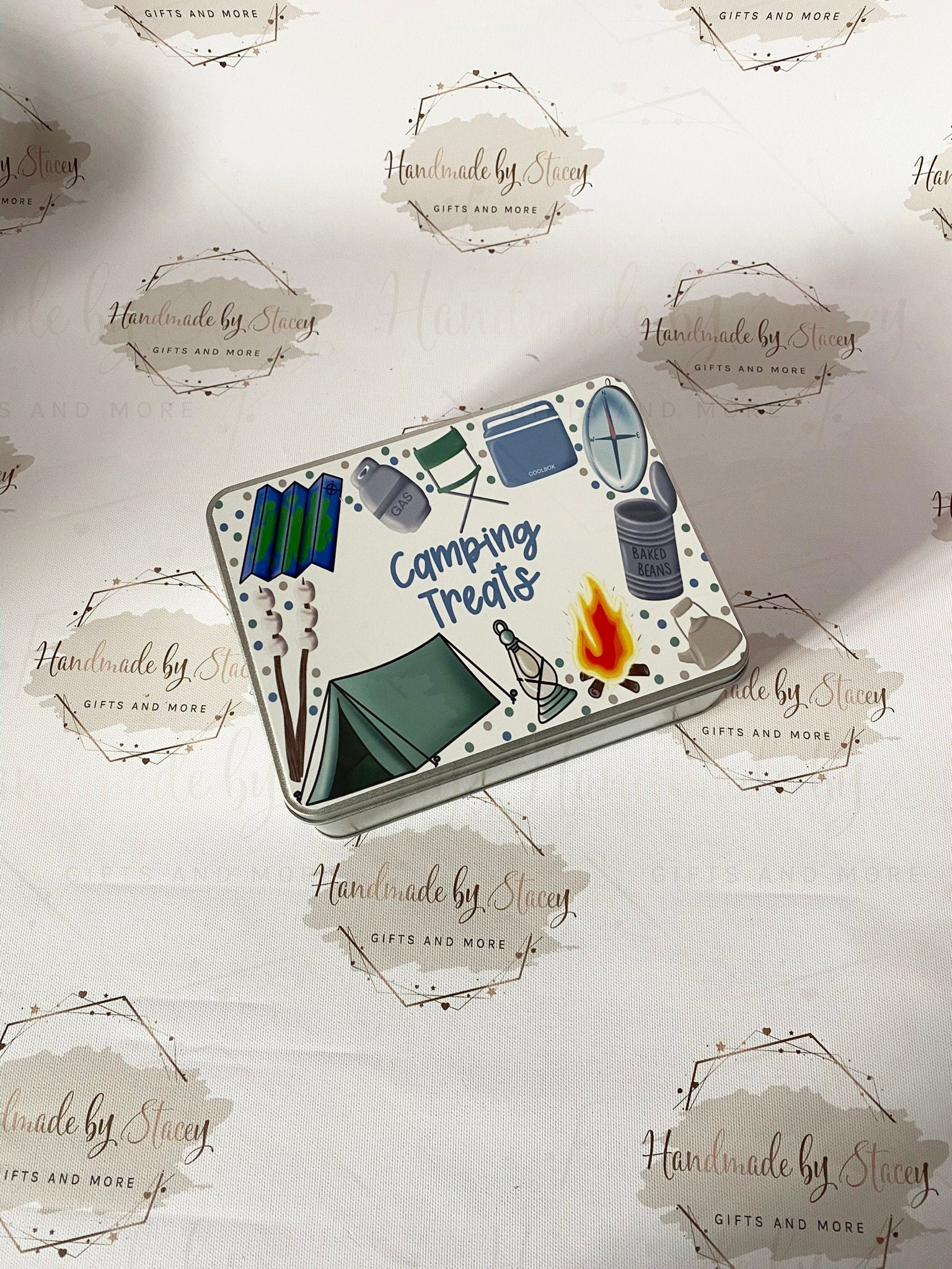 Personalised Novelty Metal Tin|Camping Design|Editable Text|Sweet Biscuit Self Care Box|Treat Idea for Caravan|Tent|Beavers Cups