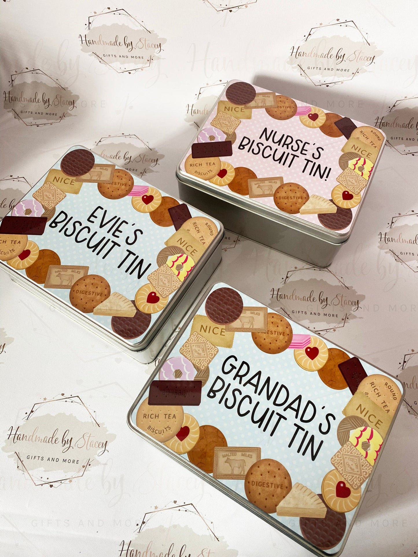 Personalised Novelty Metal Tin|Blue Pink Polka Dot Biscuit Box|Editable Text|Birthday Playgroup Christmas Father's Mother's Day Gift Idea