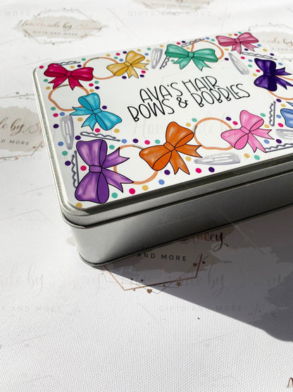 Personalised Novelty Metal Tin|Childs Hair Bows & Clips Box|Custom Editable Text|Gift Idea for Daughter|Sister|Niece|Grandaughter