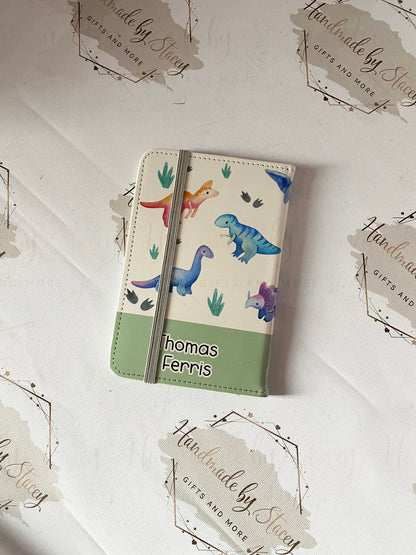 Personalised Childrens Passport Holder|Dinosaur Design PU Leather|Custom Text|MDF Luggage Tag|School Name Tag|Gift for Child|Travelling
