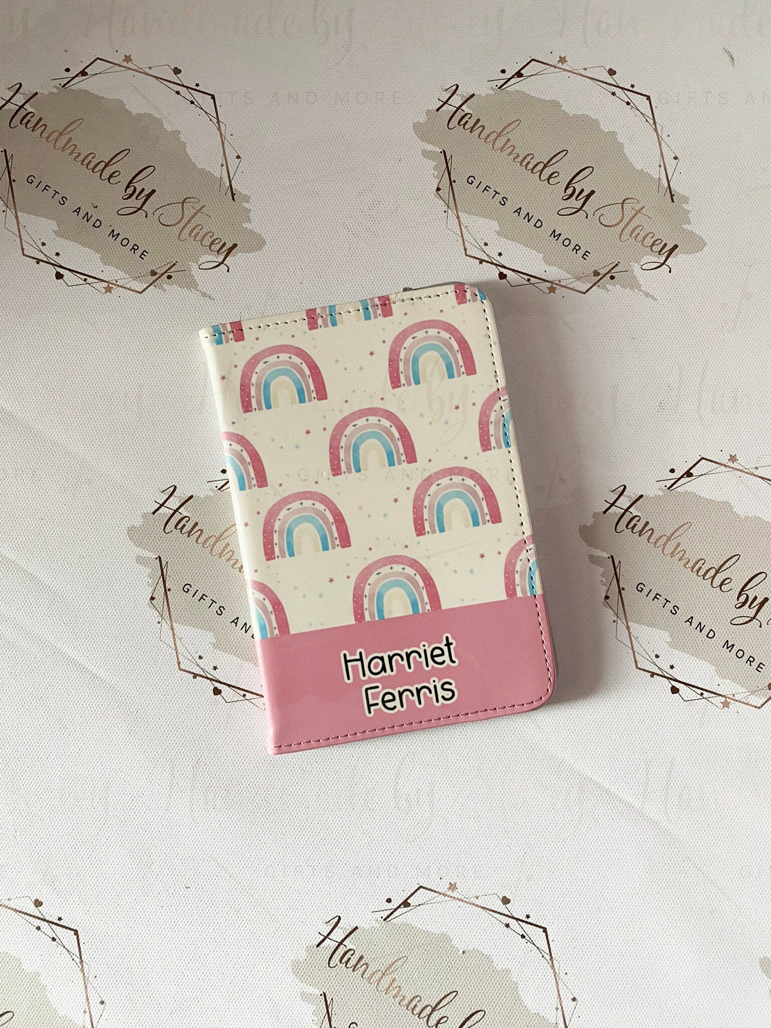 Personalised Childrens Passport Holder|Pink Rainbow Design PU Leather|Custom Text|MDF Luggage Tag|School Name Tag|Gift for Child|Travelling