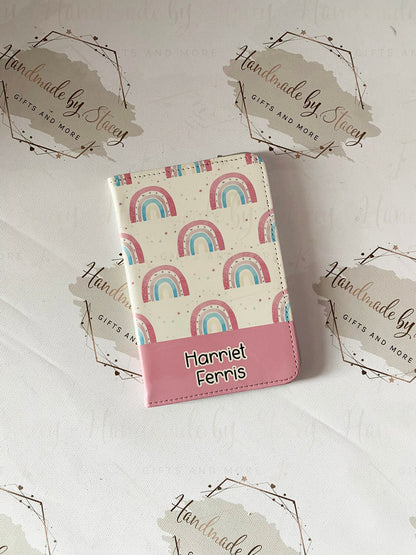 Personalised Childrens Passport Holder|Pink Rainbow Design PU Leather|Custom Text|MDF Luggage Tag|School Name Tag|Gift for Child|Travelling
