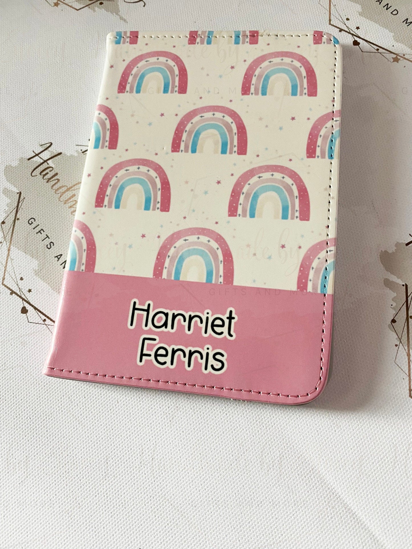 Personalised Childrens Passport Holder|Pink Rainbow Design PU Leather|Custom Text|MDF Luggage Tag|School Name Tag|Gift for Child|Travelling