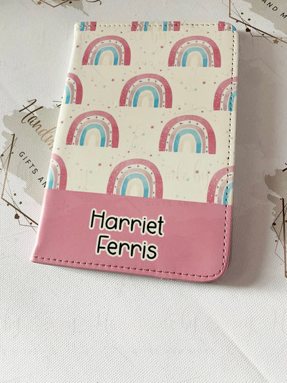Personalised Childrens Passport Holder|Pink Rainbow Design PU Leather|Custom Text|MDF Luggage Tag|School Name Tag|Gift for Child|Travelling