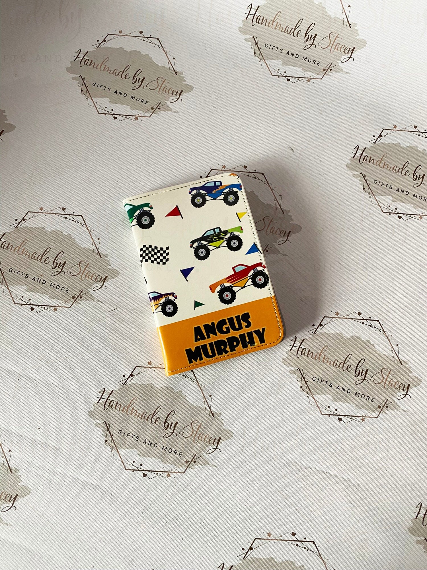 Personalised Childrens Passport Holder|Monster Truck Design PU Leather|Custom Text|MDF Luggage Tag|School Name Tag|Gift for Child|Travelling