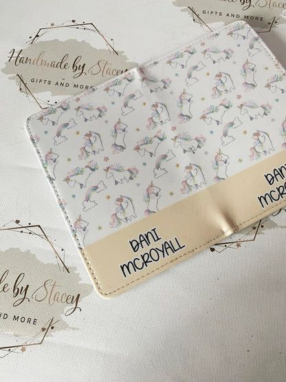 Personalised Childrens Passport Holder|Unicorn Design PU Leather|Custom Text|MDF Luggage Tag|School Name Tag|Gift for Child|Travelling