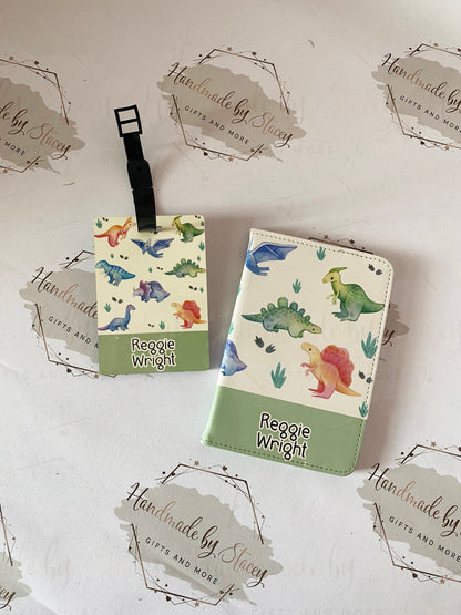 Personalised Childrens Passport Holder|Dinosaur Design PU Leather|Custom Text|MDF Luggage Tag|School Name Tag|Gift for Child|Travelling
