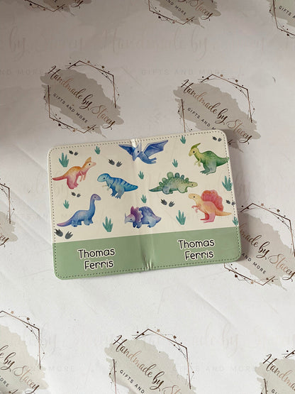 Personalised Childrens Passport Holder|Dinosaur Design PU Leather|Custom Text|MDF Luggage Tag|School Name Tag|Gift for Child|Travelling