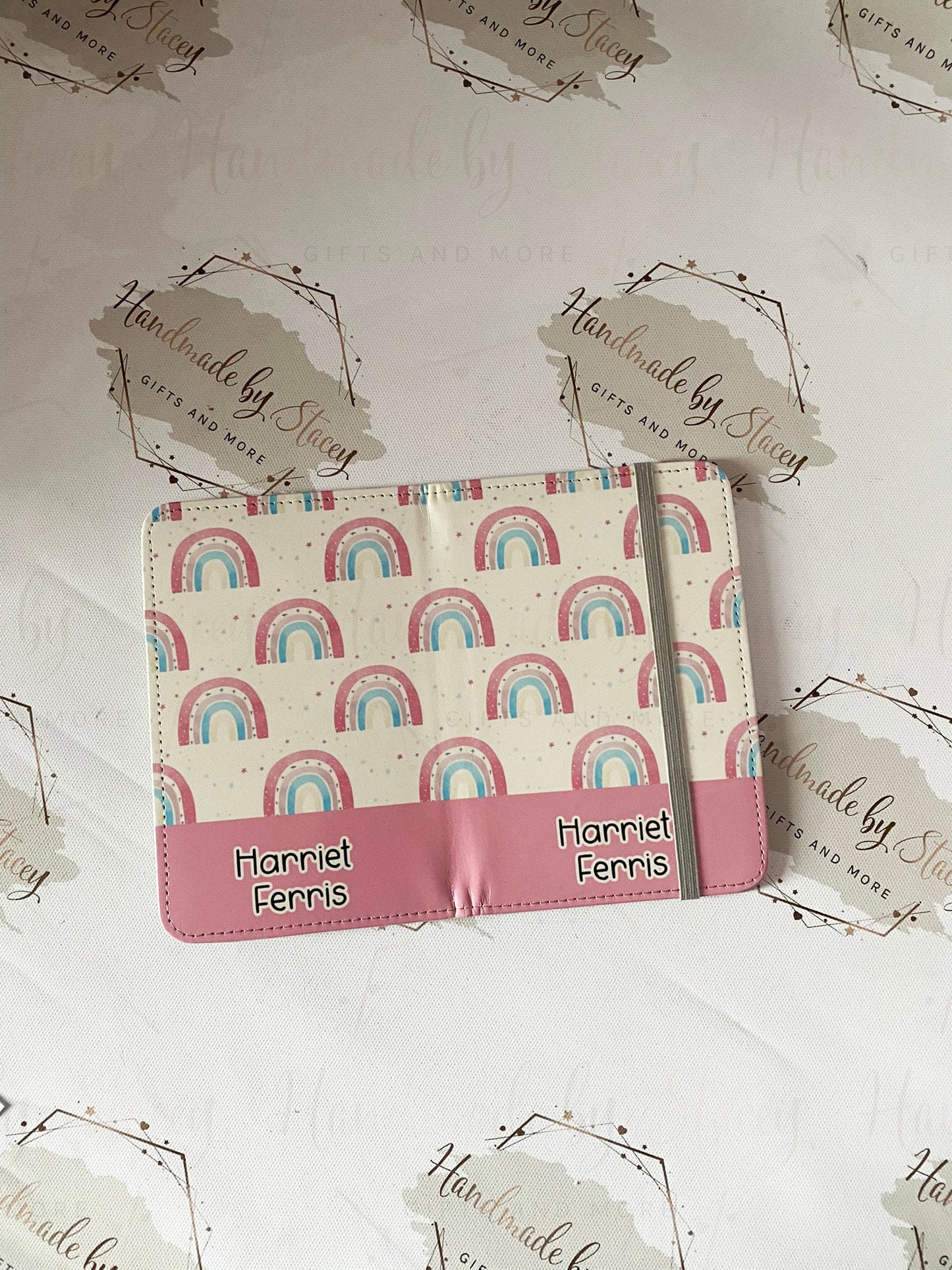 Personalised Childrens Passport Holder|Pink Rainbow Design PU Leather|Custom Text|MDF Luggage Tag|School Name Tag|Gift for Child|Travelling