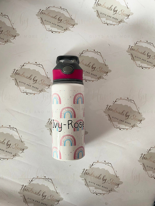 Personalised Child's Pink Rainbow Water Bottle|Back to School Drinking Bottle|Editable Text|Toddler Nursery|Birthday Gift Idea
