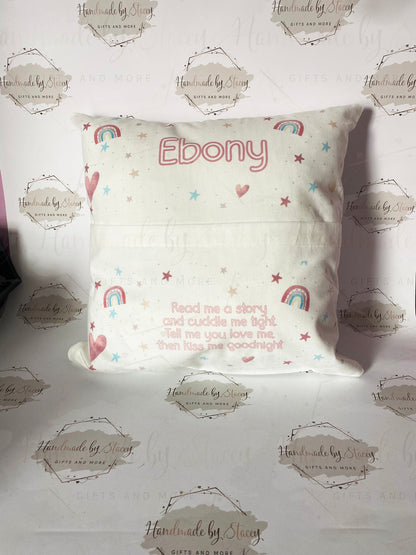 Personalised Book Cushion/Rainbow Hearts Pocket Cushion/Super Soft Custom Text Gift Idea for Daughter/Niece/Grandchild/Bedroom Decor