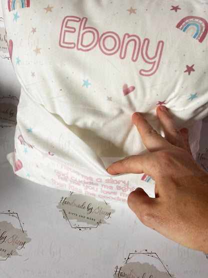 Personalised Book Cushion/Rainbow Hearts Pocket Cushion/Super Soft Custom Text Gift Idea for Daughter/Niece/Grandchild/Bedroom Decor