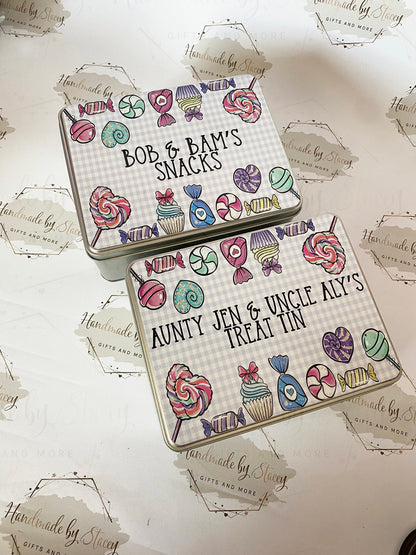 Personalised Novelty Metal Tin|Sweets Design|Birthday Mothers Fathers Day Christmas Gift|Editable Text|Chocolate Treat Tin