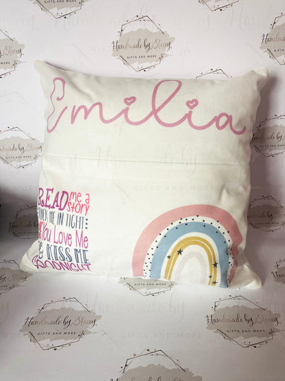 Rainbow Personalised Book Cushion/Pocket Cushion/Gift Idea for Children/Birthday Gift for Son/Daughter/Reading Keepsake Bedroom Decor