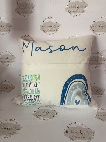 Rainbow Personalised Book Cushion/Pocket Cushion/Gift Idea for Children/Birthday Gift for Son/Daughter/Reading Keepsake Bedroom Decor