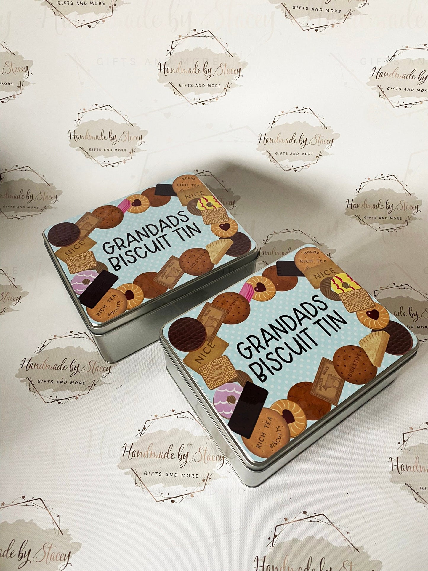 Personalised Novelty Metal Tin|Blue Pink Polka Dot Biscuit Box|Editable Text|Birthday Playgroup Christmas Father's Mother's Day Gift Idea