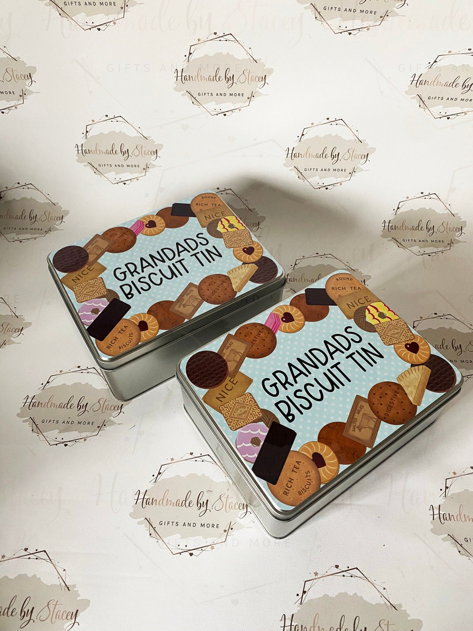 Personalised Novelty Metal Tin|Blue Pink Polka Dot Biscuit Box|Editable Text|Birthday Playgroup Christmas Father's Mother's Day Gift Idea