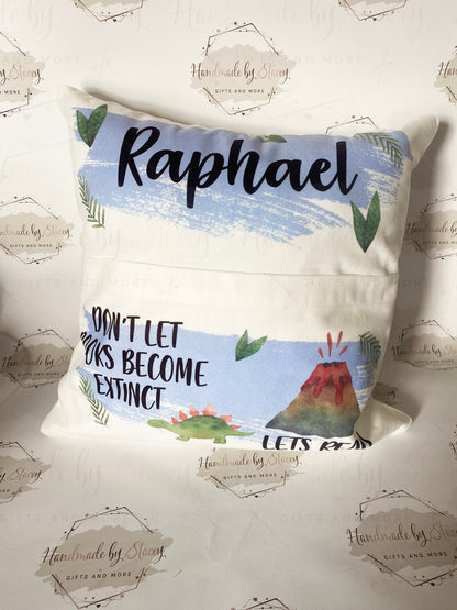 Dinosaur Personalised Book Cushion/Pocket Cushion/Gift Idea for Children/Birthday Gift for Son/Daughter/Reading Keepsake Bedroom Decor