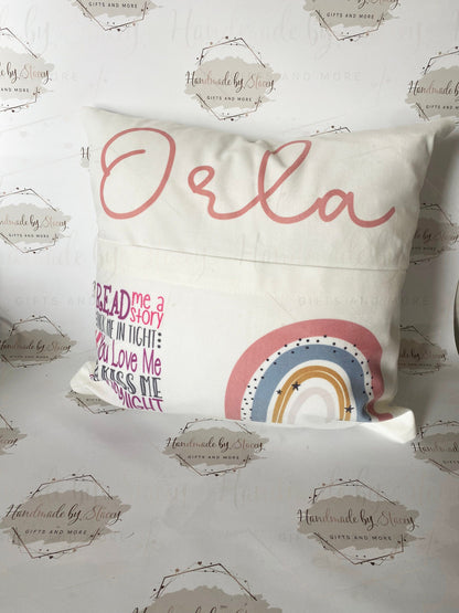 Rainbow Personalised Book Cushion/Pocket Cushion/Gift Idea for Children/Birthday Gift for Son/Daughter/Reading Keepsake Bedroom Decor
