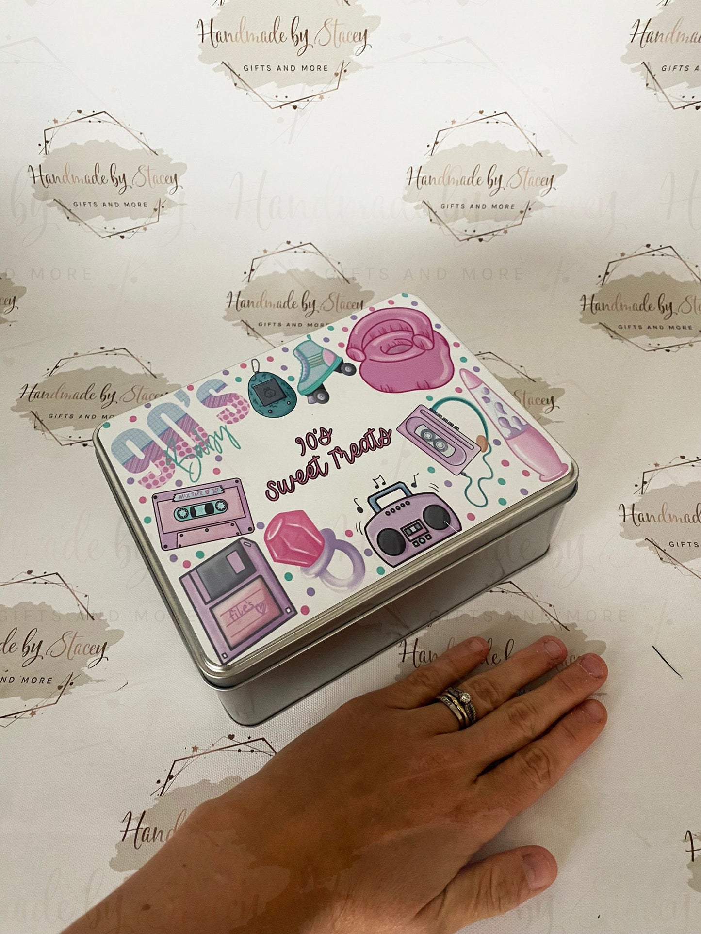 Personalised Novelty Metal Tin|90's Pink Design|30th Birthday Gift|Editable Text|Sweet Biscuit Self Care Box|Retro Treat for Friend