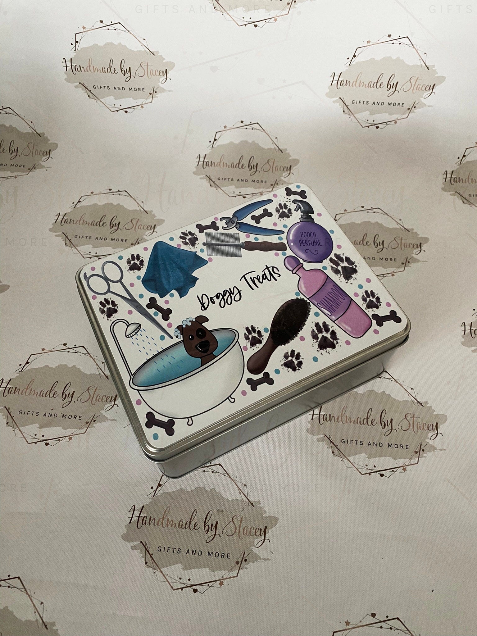 Personalised Novelty Metal Tin|Dog Groomer Design|Birthday Christmas Gift|Editable Text|Dog Treats Box|Thank you Present|Keepsake Gift Idea