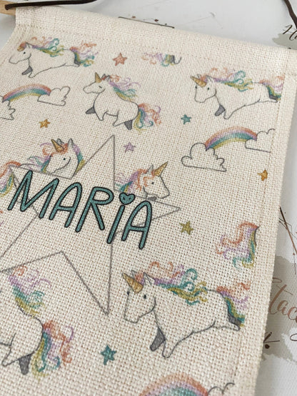 Personalised Linen Flag|Rainbow Unicorn Design|Editable Text|Nursery Bedroom Decor for Daughter|Niece|Grandchild|New Baby Gift|Christening