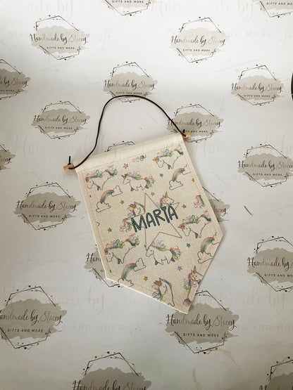 Personalised Linen Flag|Rainbow Unicorn Design|Editable Text|Nursery Bedroom Decor for Daughter|Niece|Grandchild|New Baby Gift|Christening