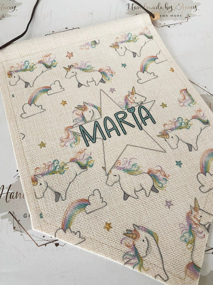 Personalised Linen Flag|Rainbow Unicorn Design|Editable Text|Nursery Bedroom Decor for Daughter|Niece|Grandchild|New Baby Gift|Christening