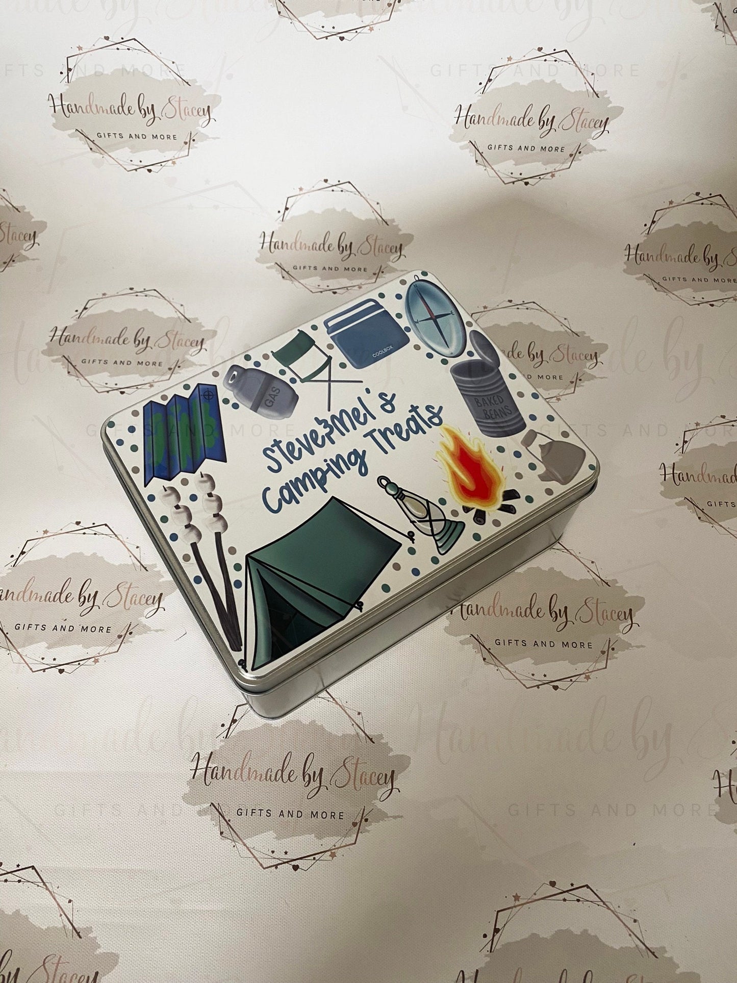 Personalised Novelty Metal Tin|Camping Design|Editable Text|Sweet Biscuit Self Care Box|Treat Idea for Caravan|Tent|Beavers Cups