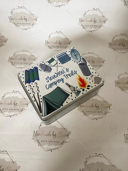 Personalised Novelty Metal Tin|Camping Design|Editable Text|Sweet Biscuit Self Care Box|Treat Idea for Caravan|Tent|Beavers Cups