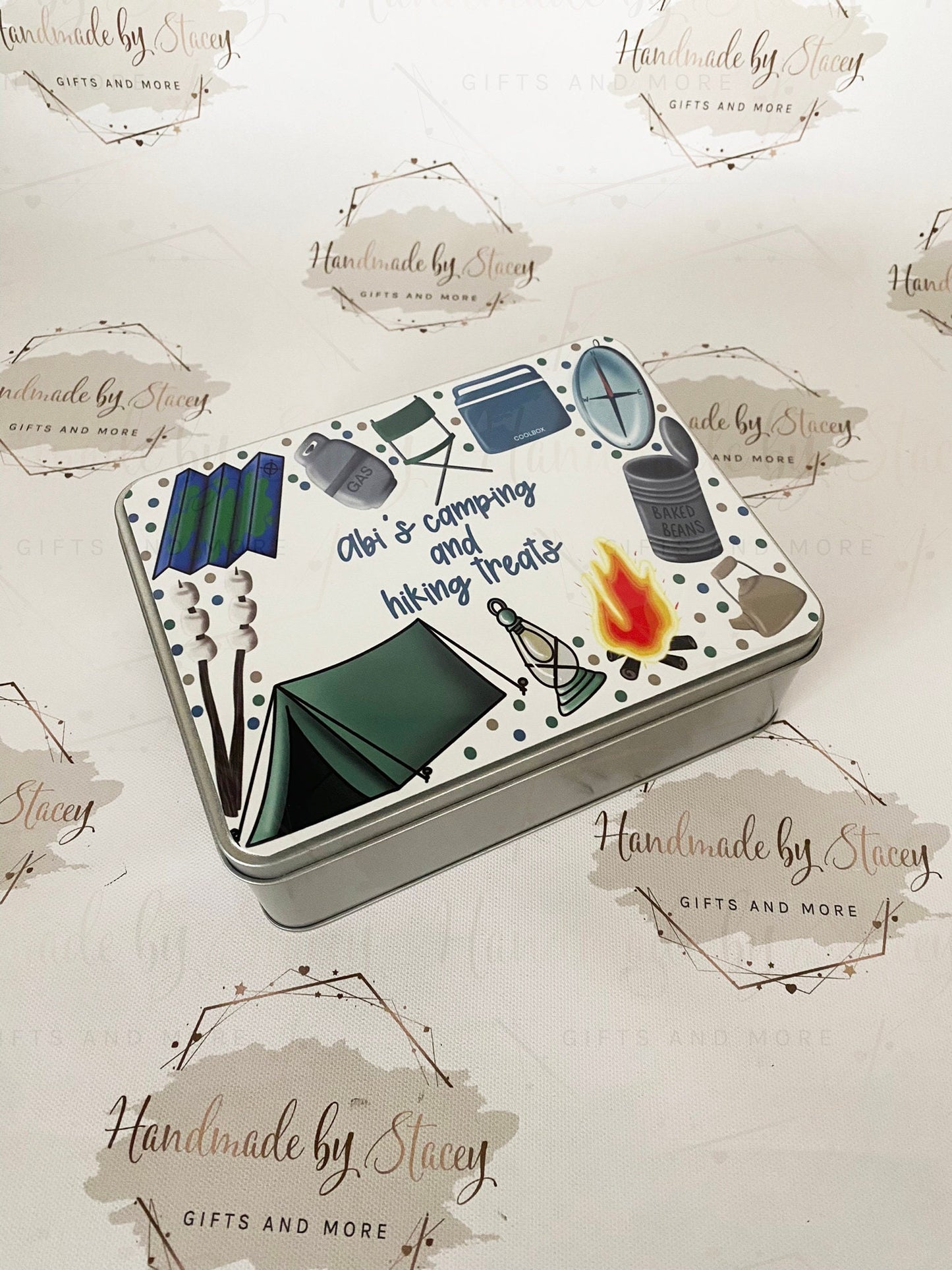 Personalised Novelty Metal Tin|Camping Design|Editable Text|Sweet Biscuit Self Care Box|Treat Idea for Caravan|Tent|Beavers Cups