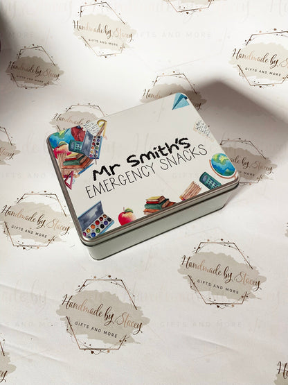Personalised Novelty Metal Tin|Thank you Teacher|Biscuit Sweet Tin for TA|Emergency Teacher Supplies|Funny Unique Gift Idea