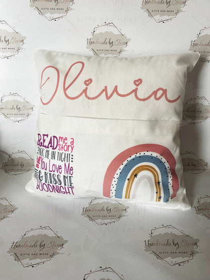 Rainbow Personalised Book Cushion/Pocket Cushion/Gift Idea for Children/Birthday Gift for Son/Daughter/Reading Keepsake Bedroom Decor