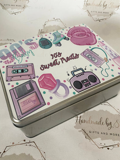 Personalised Novelty Metal Tin|90's Pink Design|30th Birthday Gift|Editable Text|Sweet Biscuit Self Care Box|Retro Treat for Friend