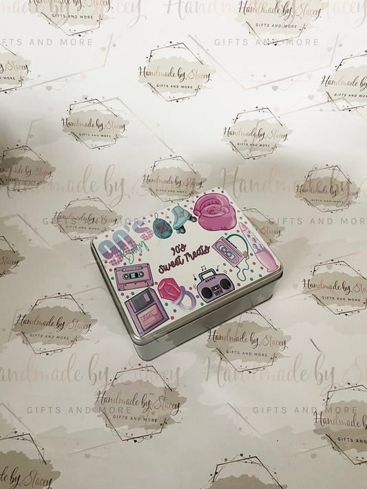 Personalised Novelty Metal Tin|90's Pink Design|30th Birthday Gift|Editable Text|Sweet Biscuit Self Care Box|Retro Treat for Friend