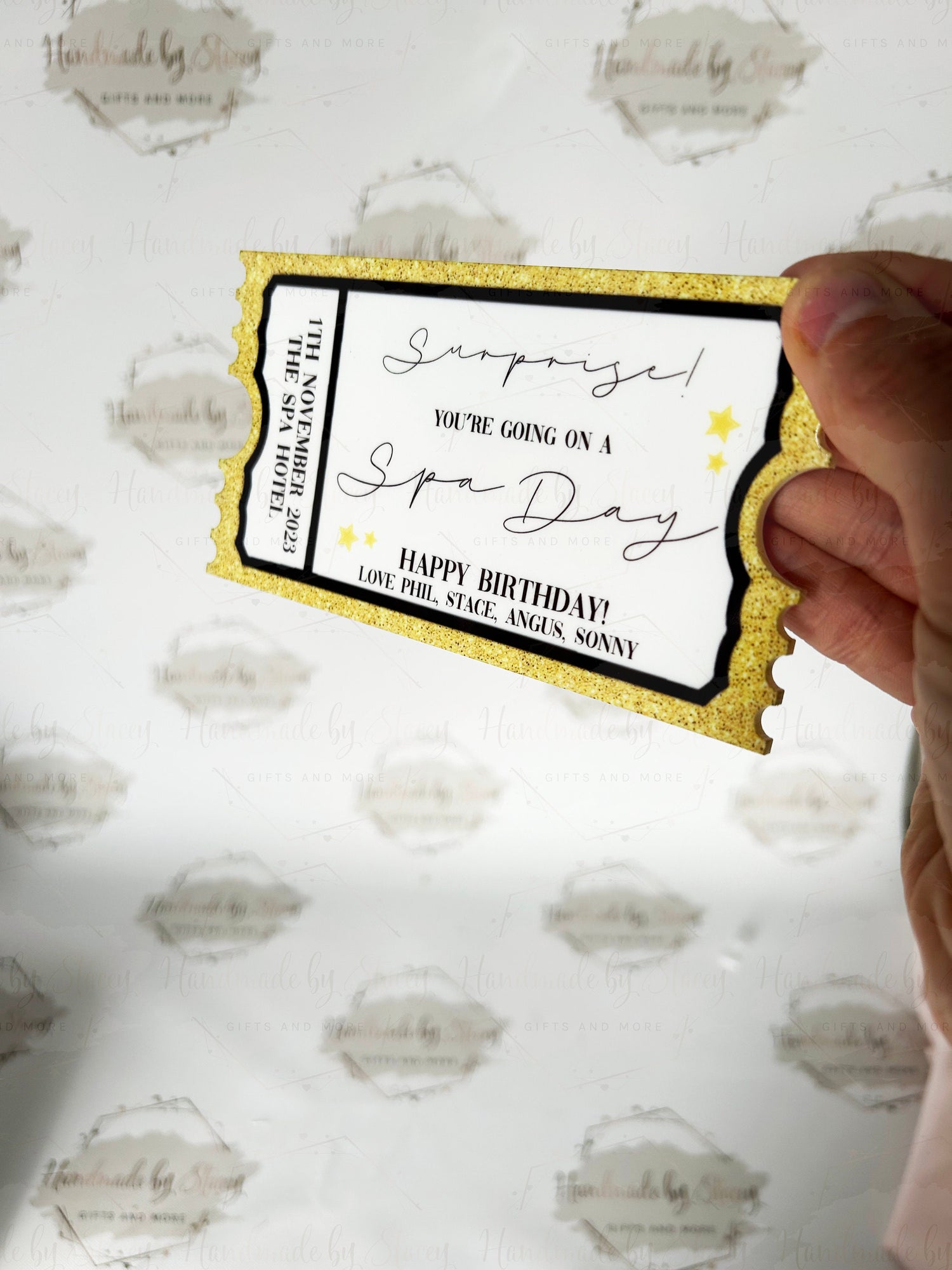 Personalised Gift Ticket|Acrylic Custom Text|Birthday Christmas Anniversary Event Voucher Gold Design|Musical Comedy Spa Day Gift Idea