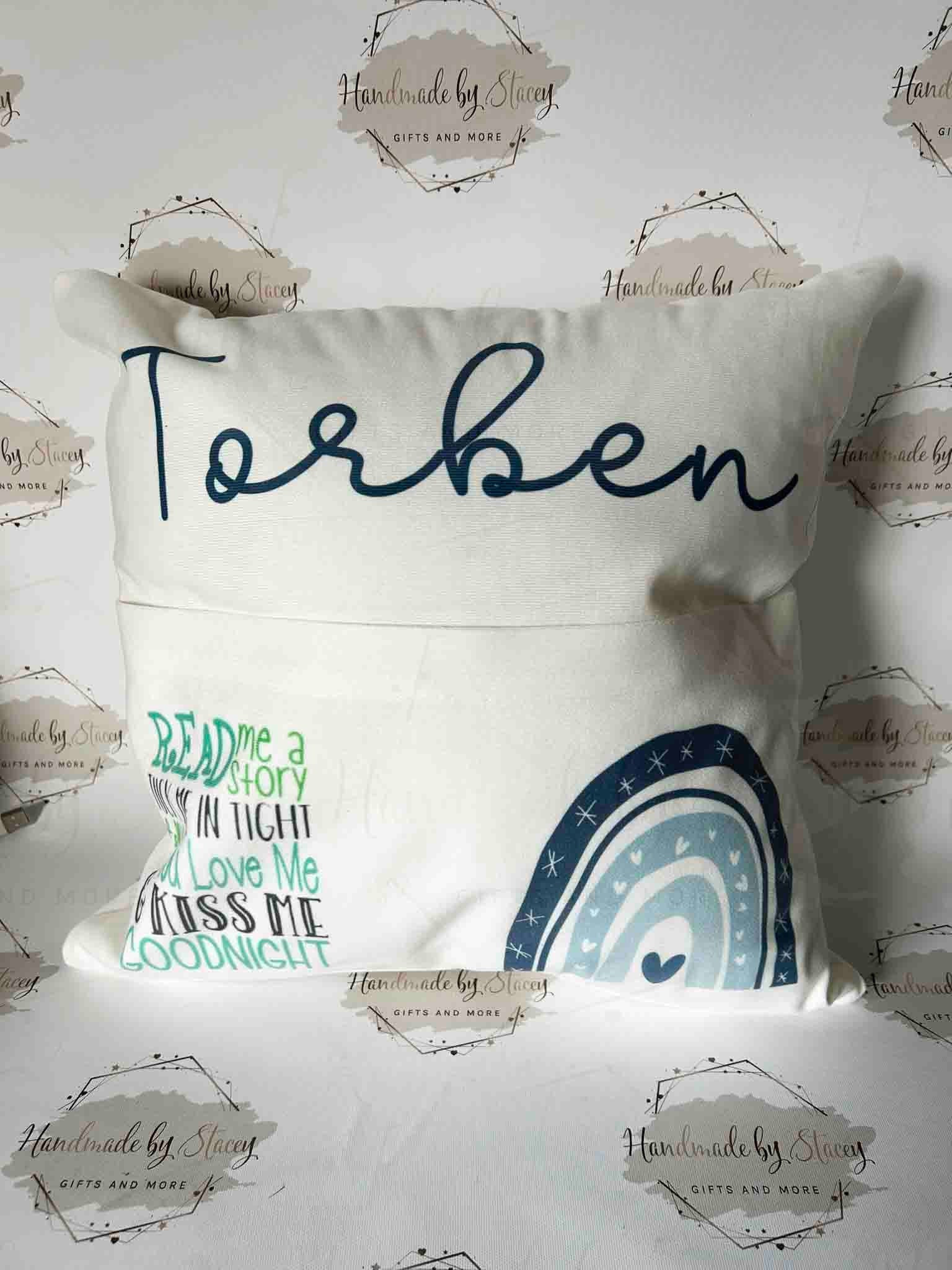 Rainbow Personalised Book Cushion/Pocket Cushion/Gift Idea for Children/Birthday Gift for Son/Daughter/Reading Keepsake Bedroom Decor