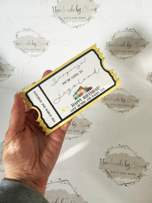 Personalised Gift Ticket|Acrylic Custom Text|Legoland Visit Birthday Christmas Anniversary Event Voucher Gold Design|
