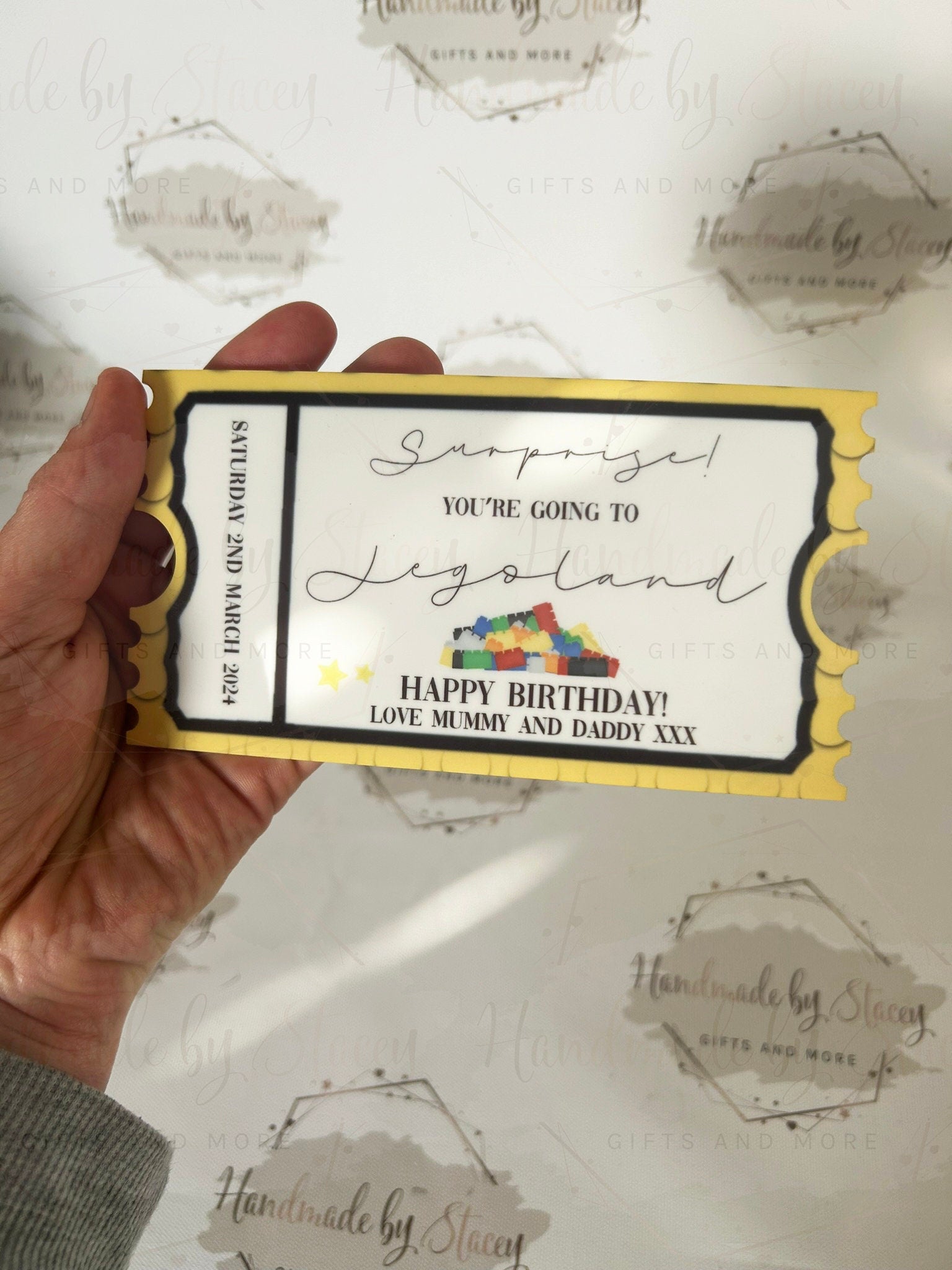 Personalised Gift Ticket|Acrylic Custom Text|Legoland Visit Birthday Christmas Anniversary Event Voucher Gold Design|