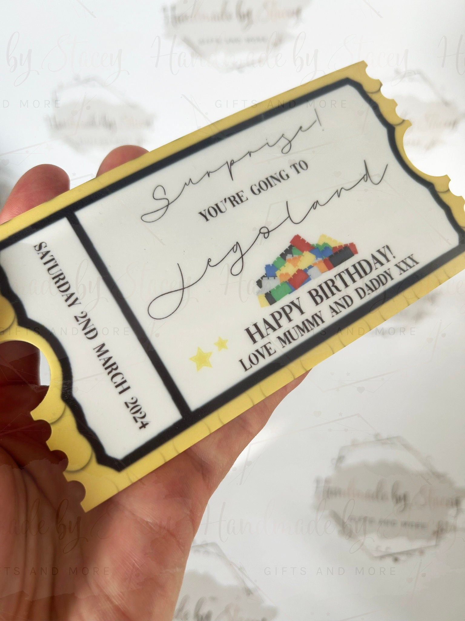 Personalised Gift Ticket|Acrylic Custom Text|Legoland Visit Birthday Christmas Anniversary Event Voucher Gold Design|
