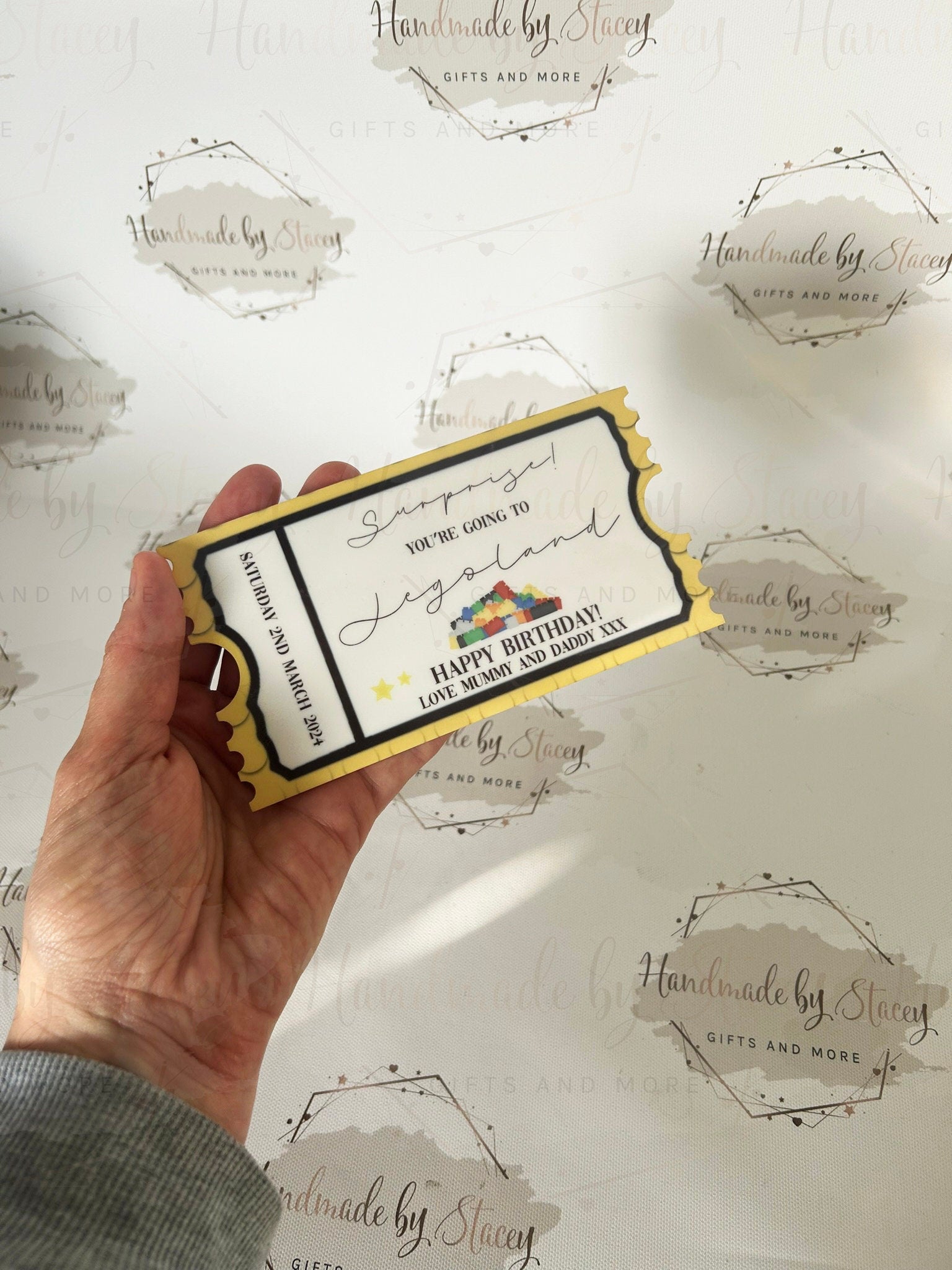 Personalised Gift Ticket|Acrylic Custom Text|Legoland Visit Birthday Christmas Anniversary Event Voucher Gold Design|