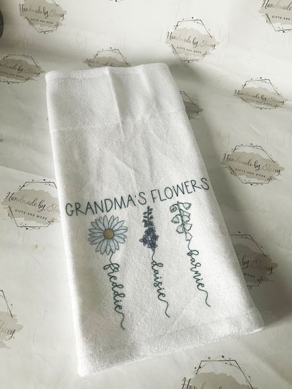 Personalised Kitchen Tea Towel|Birth Flower Design|Unique Homeware Gift for Mothers day|Grandparents|Loved One|From Grandchildren