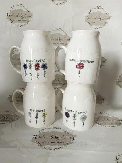 Personalised Birth Flower Jug|Ceramic Floral Vase|Grandparent Mothers Day Birthday Gift Idea for Her|Two Sizes|Limited Product