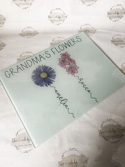 Personalised Chopping Board|A4 or A3 Size|Birth Flower Design|Mothers Day Gift Idea|Grandparent Cutting Board|Glass Kitchen Present