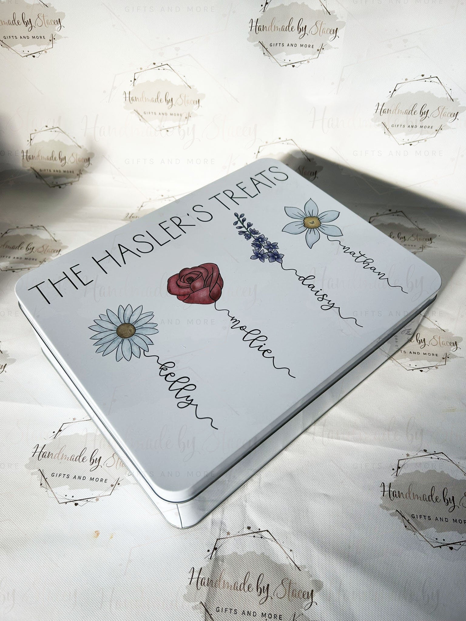 Personalised Novelty Metal Tin|Birth Flower Design|Floral Gift for Mothers Day|Birthday|Treat Sweet Cake Biscuit Tin for Her|Various Sizes