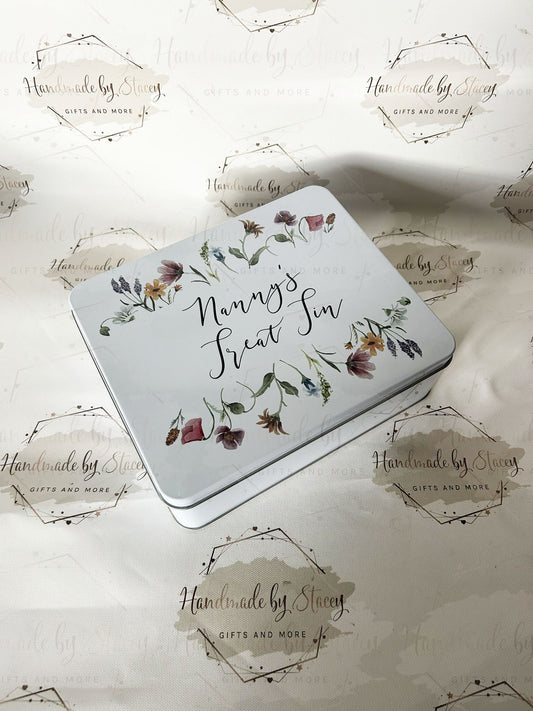 Personalised Novelty Metal Tin|Wildflower Design|Floral Gift for Mothers Day|Birthday|Treat Sweet Cake Biscuit Tin for Her|Various Sizes
