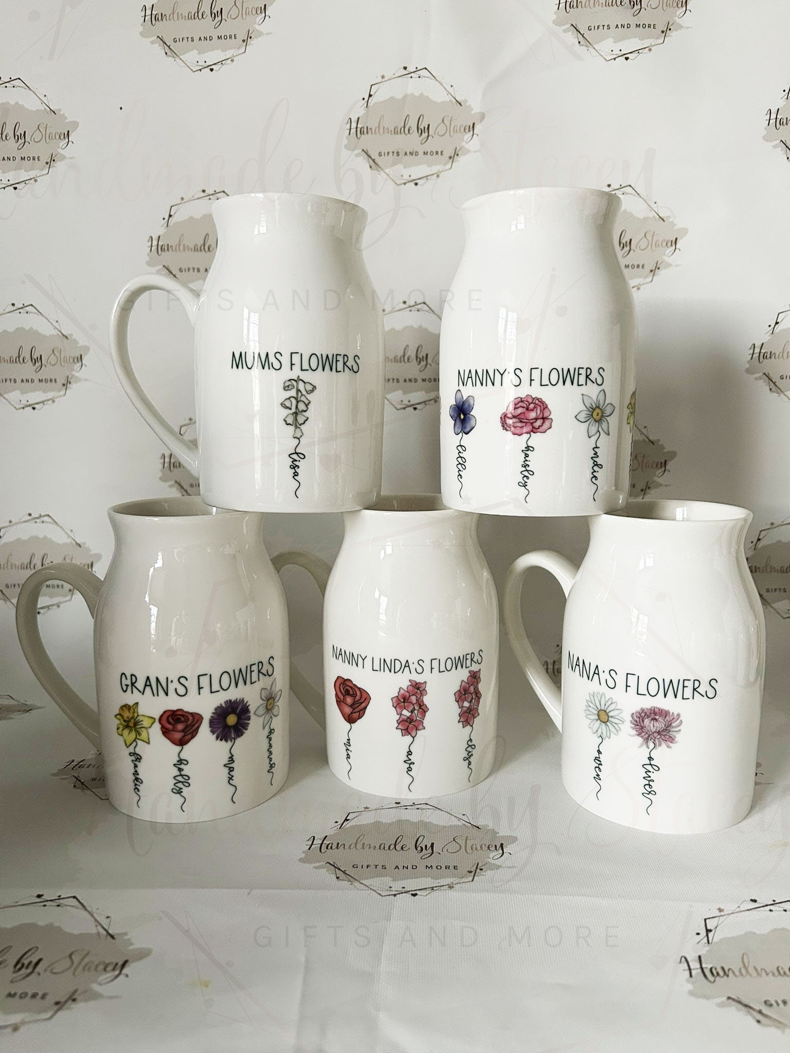 Personalised Birth Flower Jug|Ceramic Floral Vase|Grandparent Mothers Day Birthday Gift Idea for Her|Two Sizes|Limited Product