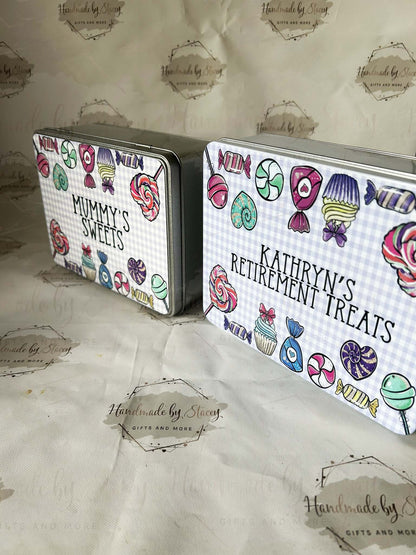 Personalised Novelty Metal Tin|Sweets Design|Birthday Mothers Fathers Day Christmas Gift|Editable Text|Chocolate Treat Tin
